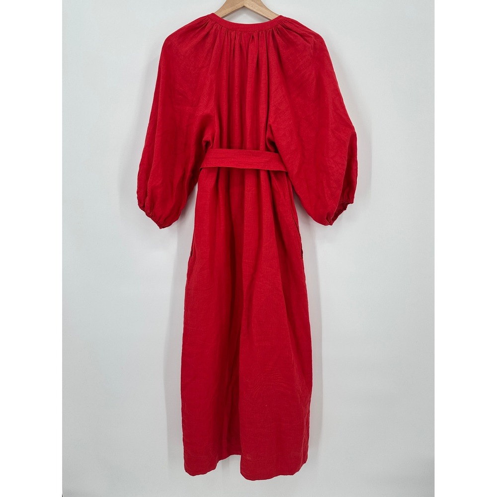Apiece Apart Mitte Chili Red Linen Button Front Shift Midi Dress Belted Size 4 - Picture 6 of 8